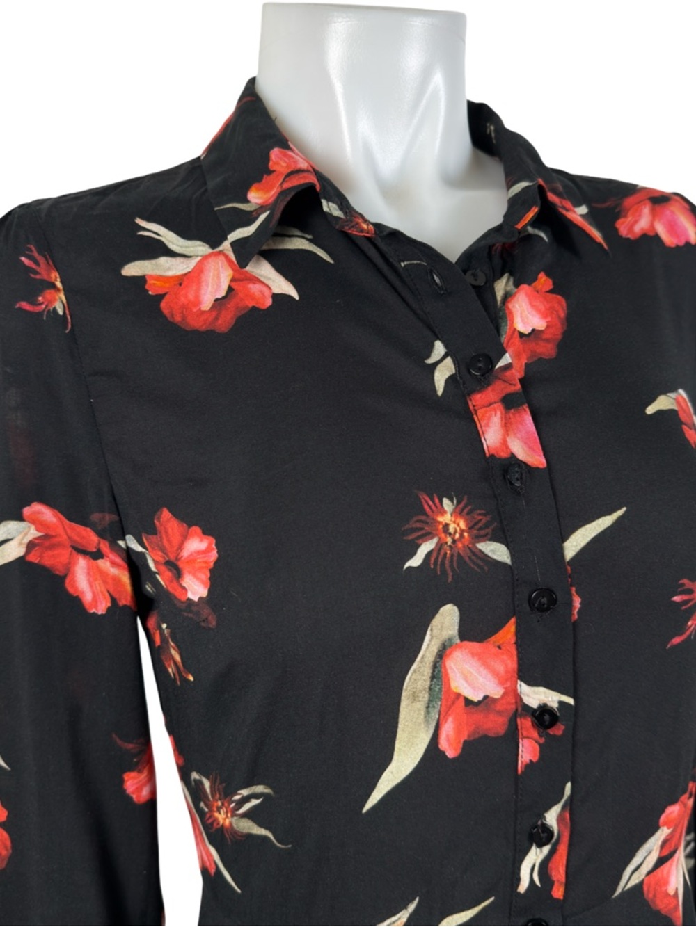 Zara Dolly Black & Red Poppies Dress Fit and Flare Long Sleeve Shirt Dress XS - Picture 4 of 12